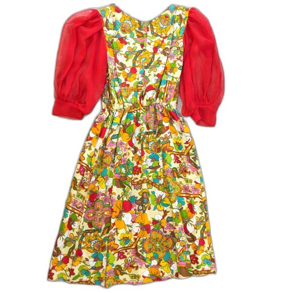 Vintage "Flower Power" 60s/70s Chiffon Sleeve Blouson Midi Dress, Size 8/10 - Picture 9 of 12